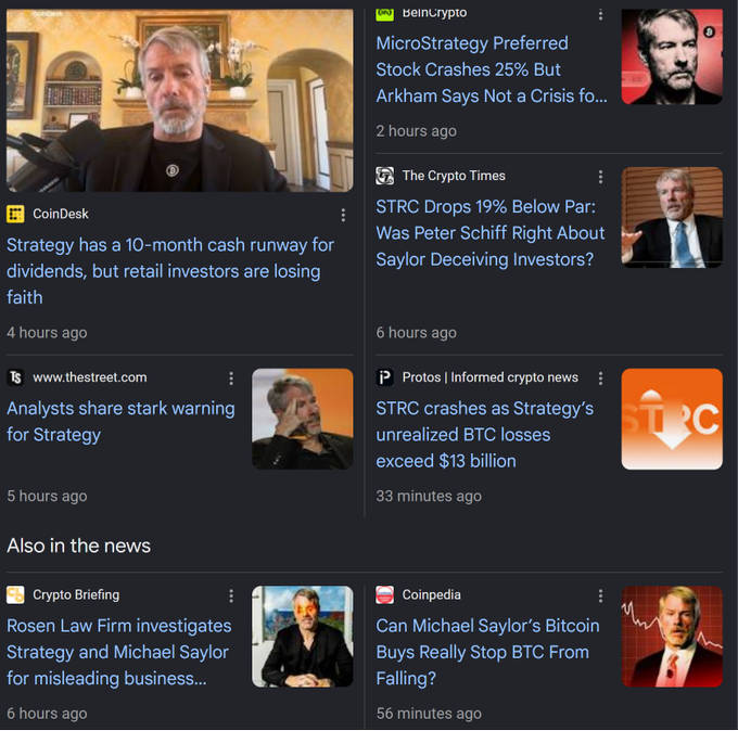 A news feed displays multiple bearish headlines about Strategy (formerly MicroStrategy) and its founder Michael Saylor, with tickers STRC and MSTR featured, warning of preferred stock crashes (25%), losses exceeding $13 billion, and investor skepticism. The accompanying post "Buy signals everywhere. $BTC $MSTR" ironically contrasts the negative coverage by framing these crash warnings as buying opportunities.