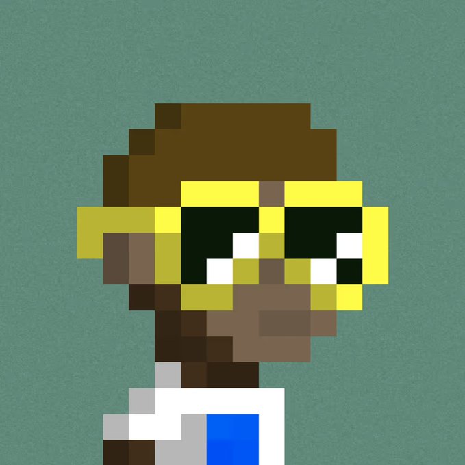 Pixel art portrait of a dark-skinned character with brown hair wearing large yellow-framed sunglasses with reflective lenses, set against a teal background.