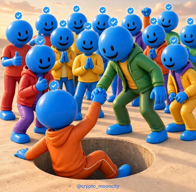 3D-rendered cartoon-style scene showing a blue smiling character in an orange outfit pulling another blue character out of a hole, while a crowd of similar blue characters with verified-style checkmarks cheer in the background.
