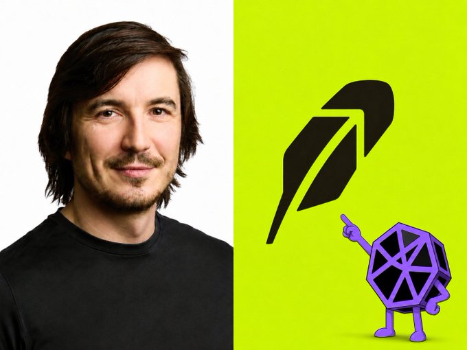 A man with dark hair and a goatee smiles on the left side of the image, while the right side features the Robinhood logo and its purple d20 mascot character on a bright yellow-green background, representing the Robinhood Crypto brand behind the newly launched Robinhood Chain Ethereum L2.