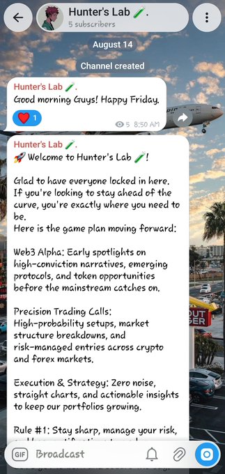 A mobile messaging app interface shows a channel called 'Hunter's Lab' with a welcome message and details about 'Web3 Alpha' and 'Precision Trading Calls' related to crypto and forex markets.