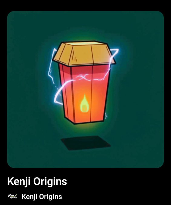 A stylized, glowing red-and-yellow lantern with a flame inside, shown above a dark shadow. The visible text reads “Kenji Origins,” with a smaller “Kenji Origins” logo below.