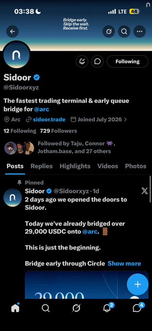 Twitter/X profile for 'Sidoor' (@Sidoorxyz) describing itself as 'The fastest trading terminal & early queue bridge for @arc' with 729 followers, showing a pinned post about bridging 29,000 USDC.