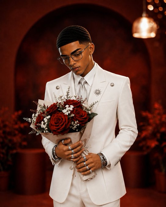A man in an elegant white suit and glasses stands holding a bouquet of red and white roses in a dimly lit, warmly decorated room.
