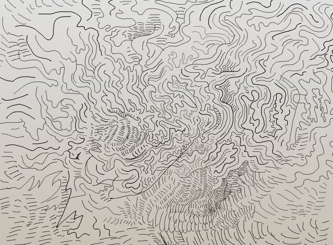 A black and white abstract line drawing featuring flowing, organic patterns that resemble topographic contours or wave-like ripples, accompanying a post celebrating a 5-year NFT anniversary with a "Goodnight" message.
