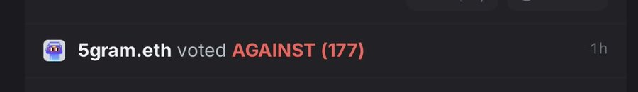 A user named "5gram.eth" with 177 voting power voted AGAINST a Nouns DAO proposal, illustrating the post's frustration about a single whale overriding the overwhelming support (99%) from other holders and dooming the proposal to fail.