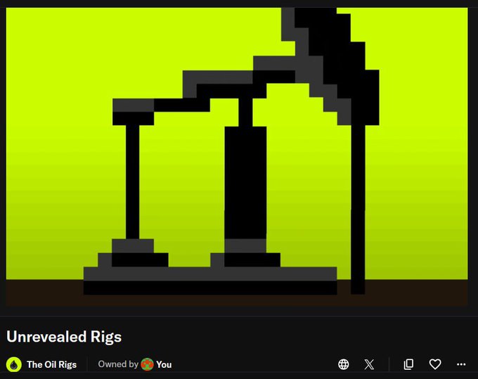 A pixel art image of an oil rig silhouette against a bright green background, labeled 'Unrevealed Rigs' and credited to 'The Oil Rigs' and 'You'.