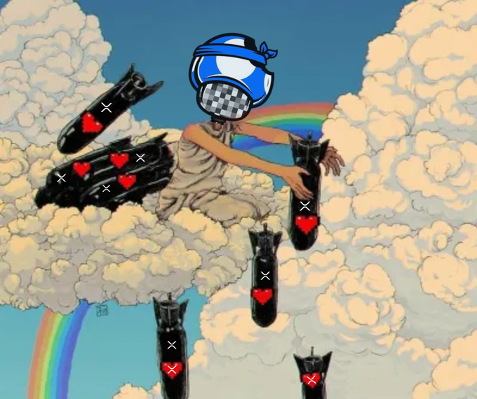 A digital artwork depicts a figure with a checkered, pixelated face wearing a blue headband, reaching out among clouds and a rainbow, surrounded by falling bombs marked with red hearts and white X's.