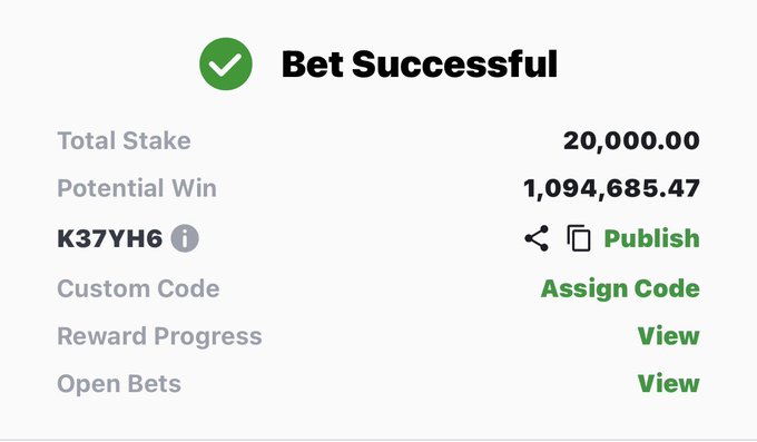 The image displays a "Bet Successful" confirmation with a Total Stake of 20,000.00 and a Potential Win of 1,094,685.47, tied to the bet code K37YH6. This relates to the accompanying post as it showcases a recent winning bet using that same K37YH6 code, likely being promoted as part of the advertised virtual signals on the Telegram channel.