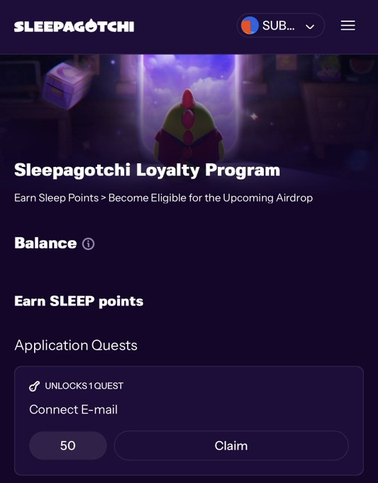 A screenshot of the 'SLEEPAGOTCHI' loyalty program webpage showing options to earn points, including a 'Connect E-mail' quest worth 50 points.