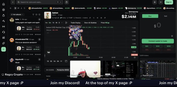 A cryptocurrency trading interface, likely Axiom, showing a live chat, a chart for 'baton' (BATON/USD) with a value of $2.14M, and promotional banners at the bottom reading 'Join my Discord! At the top of my X page :P'.