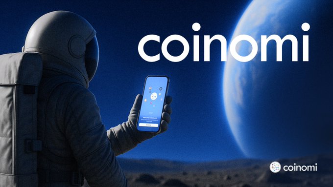 Promotional image for the Coinomi cryptocurrency wallet, showing an astronaut holding a smartphone displaying the app, with Earth visible in the background and the 'coinomi' logo prominently displayed.