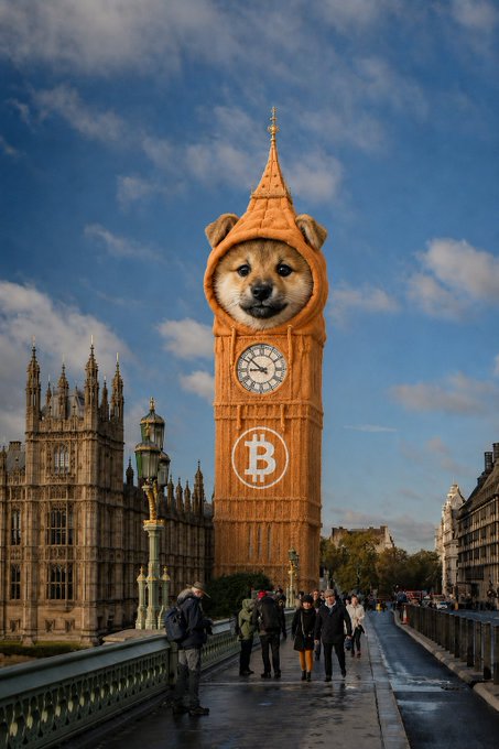 The iconic Big Ben clock tower has been humorously reimagined as a giant Shiba Inu puppy wearing an orange hood, with a Bitcoin "₿" symbol emblazoned on its body, blending crypto culture with the famous London landmark.