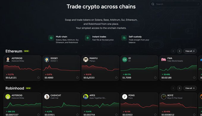 A cryptocurrency trading interface titled 'Trade crypto across chains' showing price charts for tokens like ASTEROID, DOGE1, MANYU, O1, PWA on Ethereum and Robinhood networks.