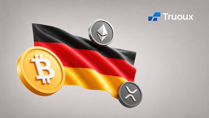 A German flag is displayed alongside Bitcoin, Ethereum, and XRP cryptocurrency coins, with the "Truoux" logo visible in the upper right corner, visually representing the expansion of crypto trading services to retail investors in Germany.