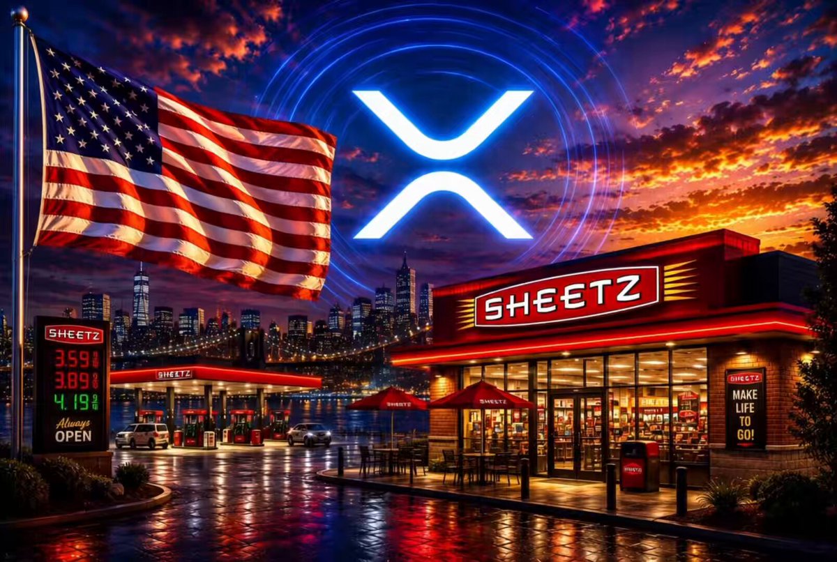 The image features a gas station with an American flag flying above it, along with a neon "X" logo for Ripple cryptocurrency. The text in the image suggests that Ripple is gaining popularity as a real-world adoption of this digital currency. The gas station appears to be a Sheetz gas station, and there are several cars parked outside.