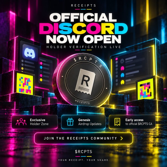 A neon-lit promotional graphic announces the launch of the official $RCPTS Discord, featuring a large "$RCPTS RECEIPTS" token centerpiece surrounded by cyberpunk-style QR codes and digital screens, with call-to-action buttons highlighting "Exclusive Holder Zone," "Genesis Airdrop Updates," and "Early access to official $RCPTS CA," along with a "JOIN THE RECEIPTS COMMUNITY" banner that ties directly to the post's invitation to join the new community hub.