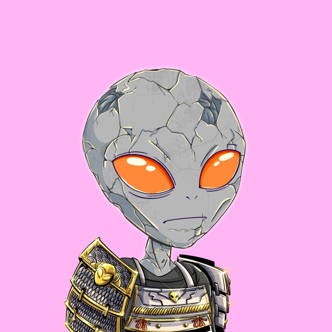 A gray-skinned alien character with large orange glowing eyes wearing black and gold samurai-style armor with a ram emblem on the shoulder, set against a pink background.