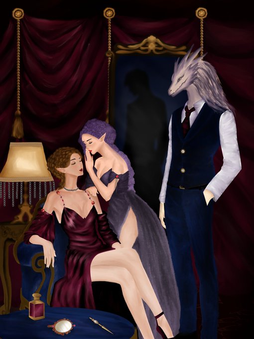 A fantasy illustration depicting two women in elegant dresses and a dragon-like humanoid figure in a suit in a richly decorated room with red curtains.