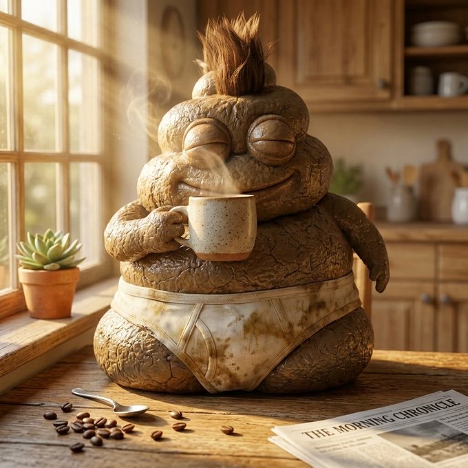 A surreal figure of a chubby, brown, textured creature with a spiky tuft of hair, wearing underwear and holding a steaming mug next to a newspaper titled 'THE MORNING CHRONICLE'.
