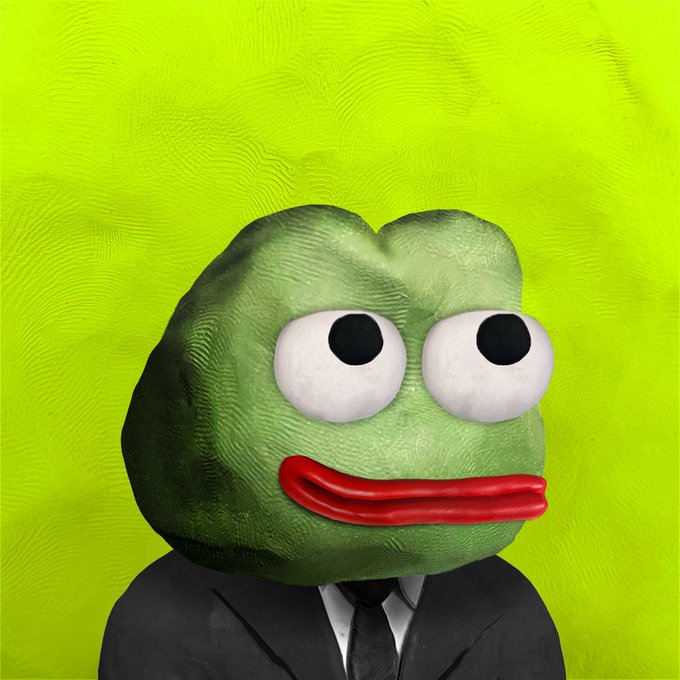 A 3D-rendered Pepe the Frog character wearing a black suit and tie stands against a bright green background, giving the scene a playful, ironic tone that complements the cryptic and tongue-in-cheek "announcement about the announcement" teaser.