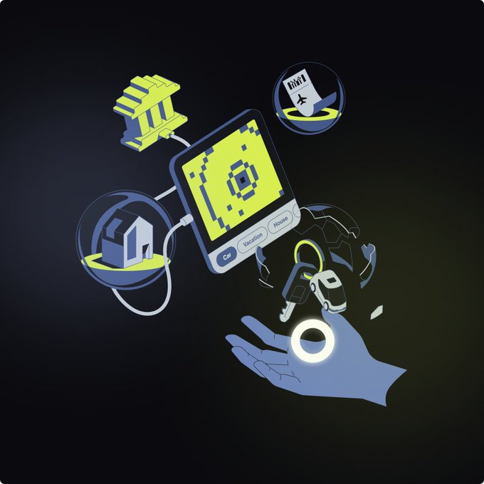 A stylized illustration shows a digital interface with a yellow screen displaying "Car," "Vacation," and "House" buttons, alongside icons representing a house, a plane ticket, and a hand holding glowing keys—symbolizing decentralized identity and ownership of digital assets, which aligns with the post about integrating a decentralized identity framework (MDIP) into projects.