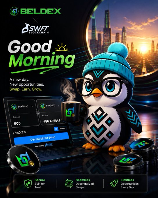 A promotional poster for Beldex × SWAP Blockchain featuring a cartoon penguin in a beanie holding coffee, with text 'Good Morning - A new day. New opportunities. Swap. Earn. Grow.' and a decentralized swap interface showing 500 BDX to 496.435849 BDX.