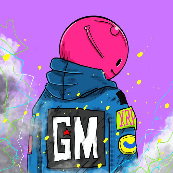A comic-book style illustration of a pink alien-headed figure in a blue jacket with 'GM' (with a red star) and 'XXX' patches, set against a purple sky with stylized clouds and yellow splatters.