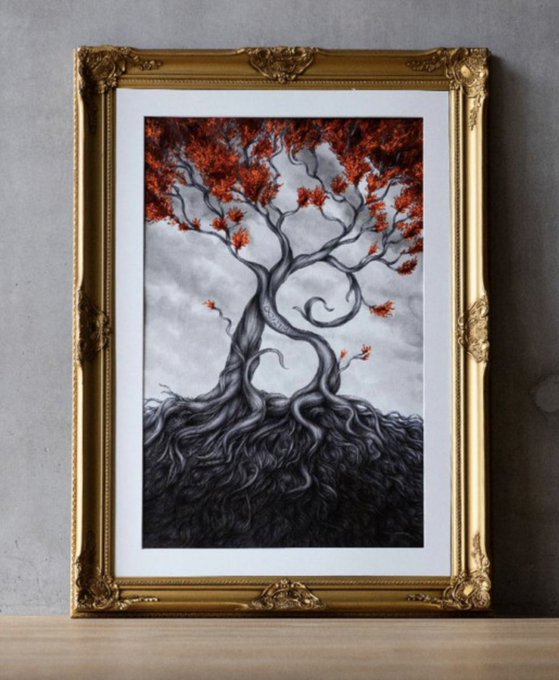 The image features an abstract painting that depicts two trees with twisted roots, set against a gray background. The painting is framed by a gold border, giving it an elegant appearance. The artist's signature can be seen at the bottom of the artwork. The painting is being auctioned off at the @BTCPrague Gallery in June, as indicated by the accompanying post.