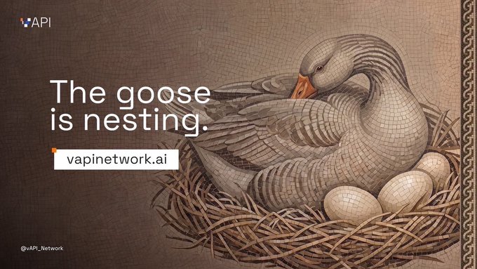 A promotional graphic features a detailed mosaic-style illustration of a goose on a nest with eggs, accompanied by the text 'The goose is nesting.' and the URL 'vapinetwork.ai'.