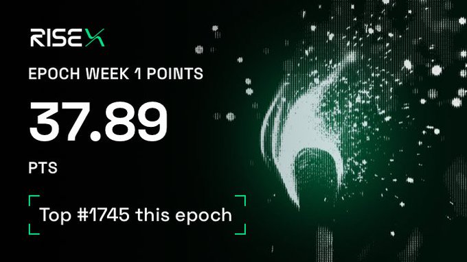 A promotional graphic for RISEX displays "EPOCH WEEK 1 POINTS" with a score of 37.89 PTS and a ranking of "Top #1745 this epoch," supporting the user's positive experience of earning 37 points on the platform during their first epoch.