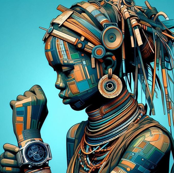 A digital illustration of a profile view of an African woman adorned with intricate technological and mechanical elements against a teal background.