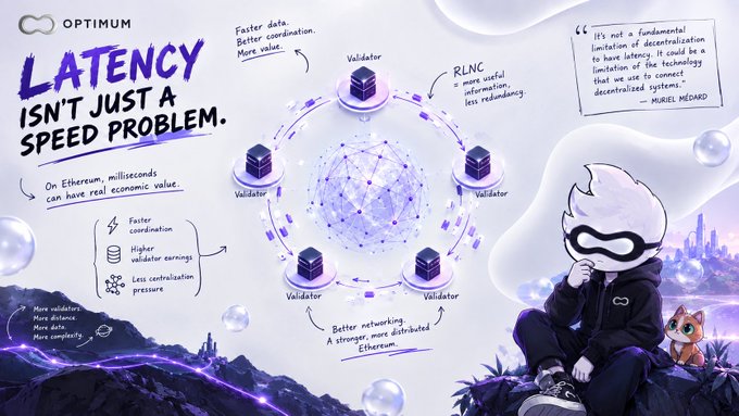 An educational illustration titled 'Latency Isn't Just a Speed Problem' from Optimum, featuring an Ethereum network diagram with validators, a character with white hair, and quotes attributing latency limitations to decentralized systems.