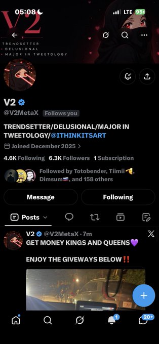 A Twitter/X profile screenshot for the verified account '@V2MetaX' describing itself as 'TRENDSETTER/DELUSIONAL - MAJOR IN TWEETOLOGY', with a recent post promoting 'MONEY KINGS AND QUEENS' giveaways.