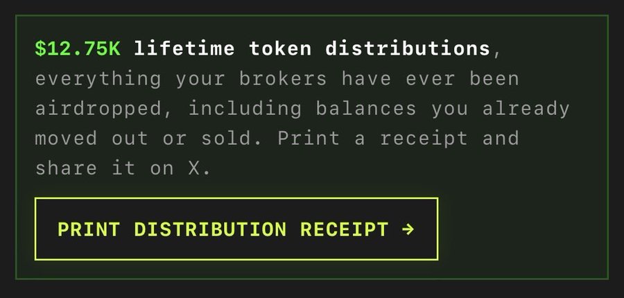 A dark green screen displays '$12.75K lifetime token distributions' with a 'PRINT DISTRIBUTION RECEIPT →' button outlined in yellow.
