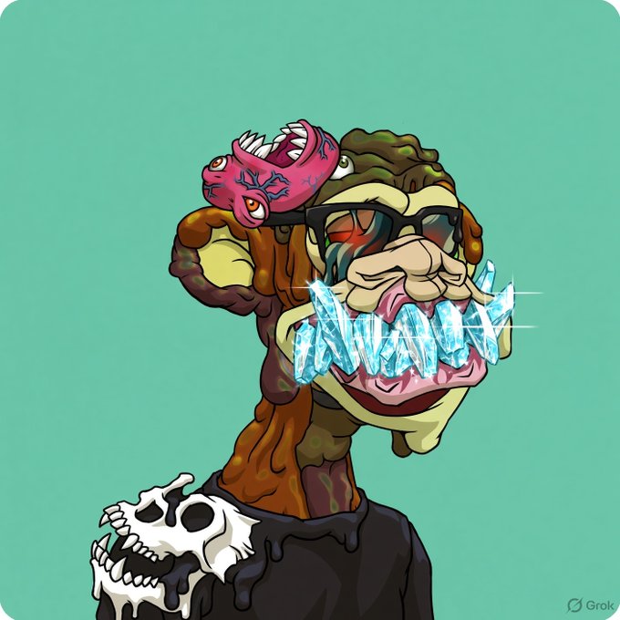 A cartoon illustration by Grok showing a grotesque character with glasses and a smaller pink creature on its head, wearing a shirt with a melting skull and the word 'NAVY' in ice-crystal letters.