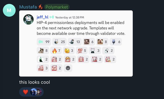 A screenshot of a Discord message from user "Mustafa" sharing a post by "jeff_hl" (Hyperliquid founder Jeff Yan) stating "HIP-4 permissionless deployments will be enabled on the next network upgrade. Templates will become available over time through validator vote," with Mustafa commenting "this looks cool" and the context suggesting speculation that Mustafa may be joining Hyperliquid after recently leaving Polymarket.