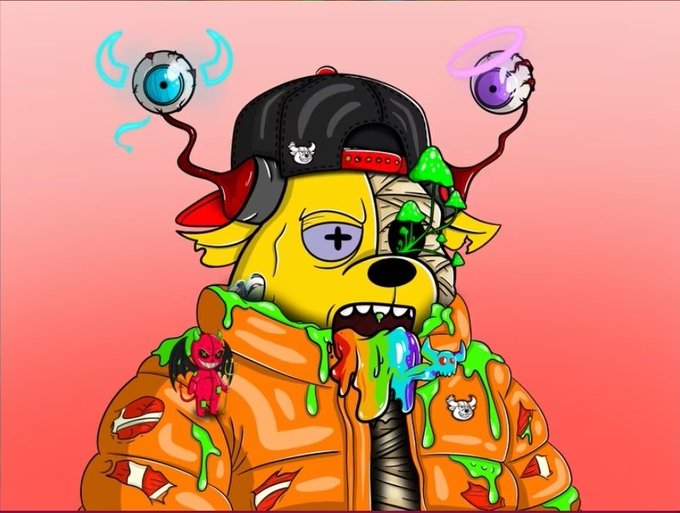 A colorful cartoon illustration features a yellow zombie-like dog character wearing a black baseball cap and orange jacket covered in green slime, mushrooms, and patches, with eyeballs floating on antennae above its head.