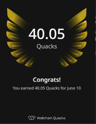 The image shows a screen displaying an achievement for someone who has earned 40.05 Quacks in a single day at Wallchain Quacks, with an upward-facing arrow pointing toward this accomplishment. The main focus of the image seems to be on the award itself rather than the number or how it was achieved. This highlights the recognition and reward system offered by Wallchain Quacks for consistent engagement and contribution.