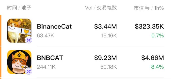 The image shows a cryptocurrency listing comparison between BinanceCat ($3.44M volume, $323.35K market cap) and BNBCAT ($9.23M volume, $4.66M market cap), with the post arguing that BNBCAT is actually the legitimate BinanceCat token at uppercase contract 0x3efbfff95576e1d23cf6ead0acd2e73f4d6a7777, suggesting retail investors may be confused about which version is the real one.