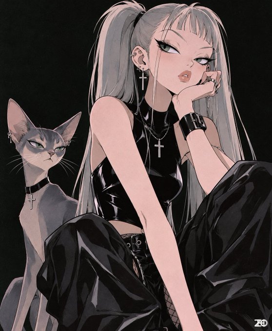 A stylized anime-style illustration of a girl with long silver hair, wearing a black top, cross necklace, and choker, posing next to a grey Sphynx cat.