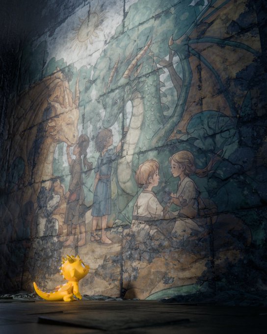 A small yellow toy dinosaur sits on a stone floor, looking up at a large stone wall featuring a mural of children interacting with dragons.