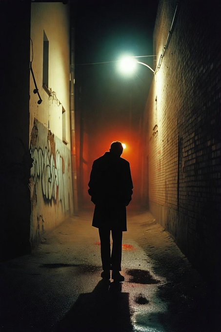 Atmospheric photograph of a silhouetted figure in a coat standing in a dark, narrow alleyway illuminated by an orange glow at the end and a streetlamp above, with graffiti visible on the brick wall.