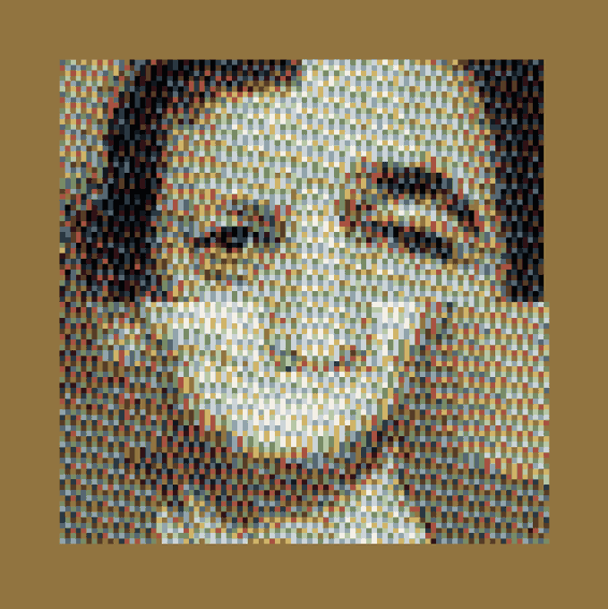 A pixelated portrait of a smiling person with dark hair, rendered in a mosaic style with small rectangular tiles in various colors (white, orange, black, blue, red) against a brown background.