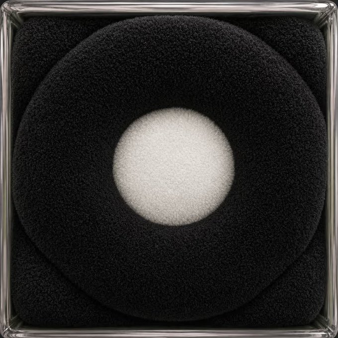 A close-up shows a black circular foam insert with a white circular center, housed within a silver metallic frame.