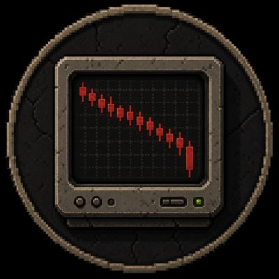 A pixel art icon of a cracked stone monitor displaying a red downward-trending stock or crypto candlestick chart.