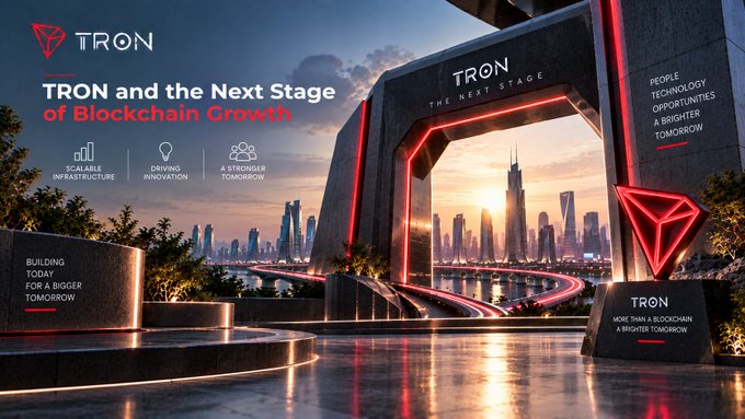 A promotional banner for TRON titled 'TRON and the Next Stage of Blockchain Growth' features futuristic cityscape imagery with tags including 'Scalable Infrastructure', 'Driving Innovation', 'A Stronger Tomorrow', and 'Building Today for a Bigger Tomorrow'.