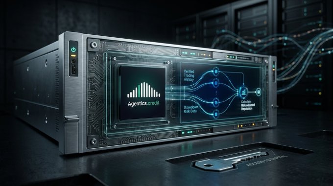 A high-tech server unit with glowing digital displays showing 'Agentics.credit', 'Verified Trading History', 'Downstream Risk Data', and 'Cumulative Cascading Liquidation', set in a dark server room.