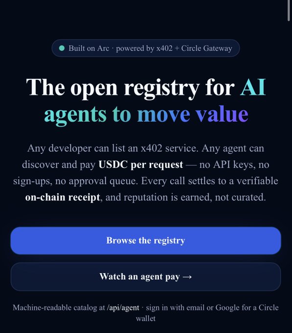 The image displays a website with an open registration page for AI agents, specifically focusing on USDC per request. The text on this page states that any developer can create an x42 service by listing an x42 service provider such as usdc per request - no API keys required - and describe how to sign-ups or view details of an agent using a form where you enter the Agent's email address.