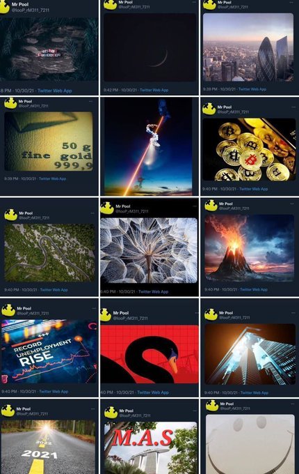 The image shows a Twitter feed grid from user "Mr Pool" (@GoP_0631_7211) displaying 15 posts with timestamps from October 30-31, 2021, featuring diverse imagery including a crescent moon, London's Gherkin building, a rocket launch, gold bars, a volcano, Bitcoin "Decentralized Employment" graphics, and various abstract and nature photos. The post reference "10/30=7/7()" appears to relate cryptically to the date October 30th shown across the tweet timestamps, possibly suggesting a recurring pattern or lucky number association with that date.